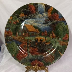DECOUPAGE Glass Plate Country Scenery Deers, Dog,Cabin,Bear,Waterfall ,10"
